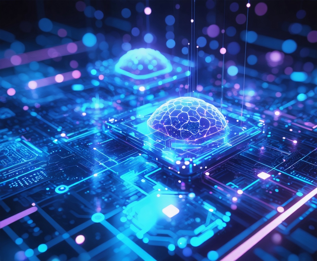 Modern holographic user interface showing neural network nodes