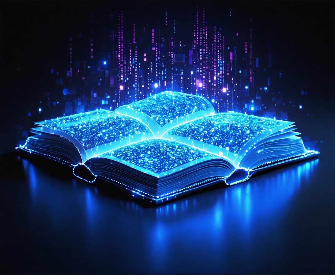 Abstract representation of digital education with glowing binary books