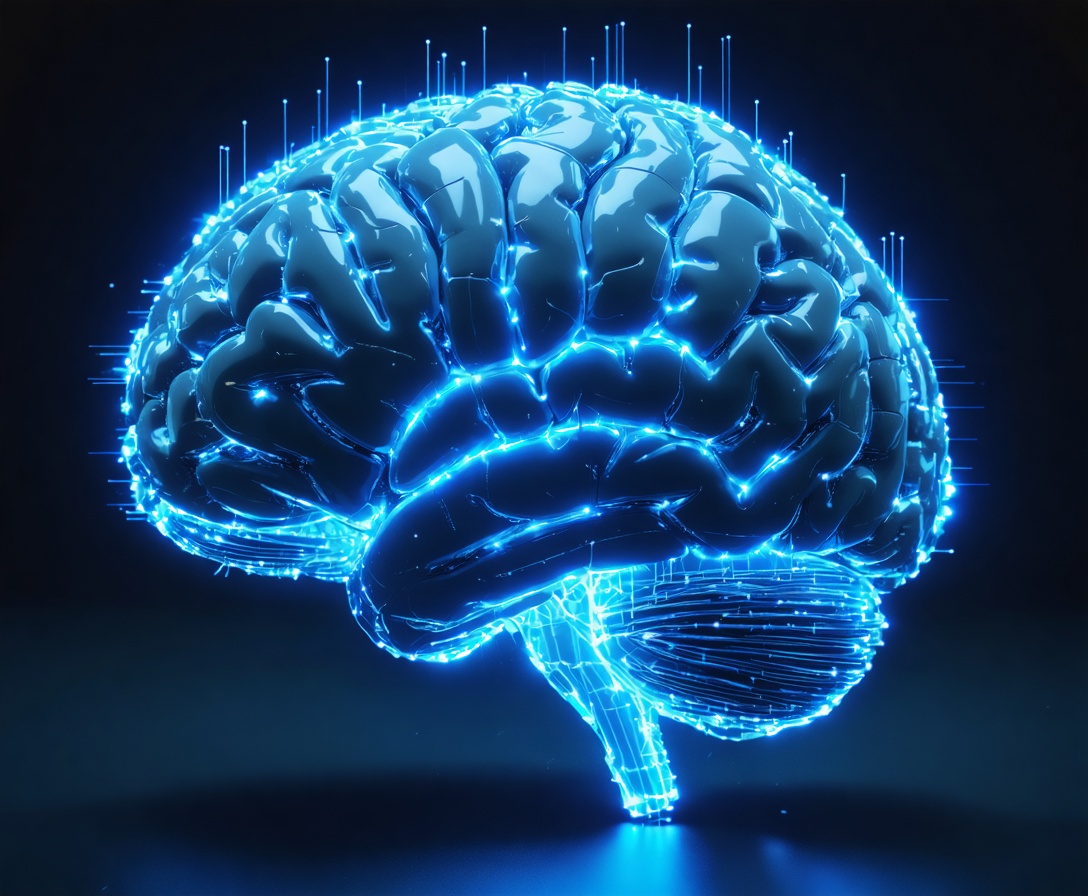 Cinematic shot of a futuristic digital brain made of glowing blue fiber optics