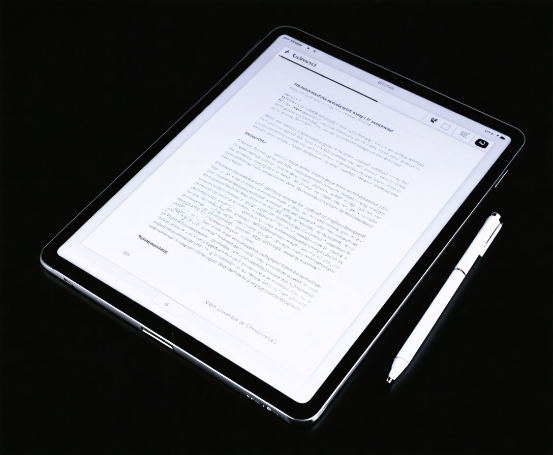 Top view of a sleek tablet displaying a digital contract with a stylus pen resting on the screen