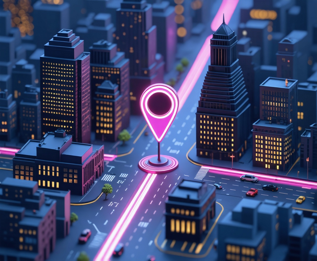 Stylized 3D map of San Francisco Financial District with a glowing neon pin on Market Street