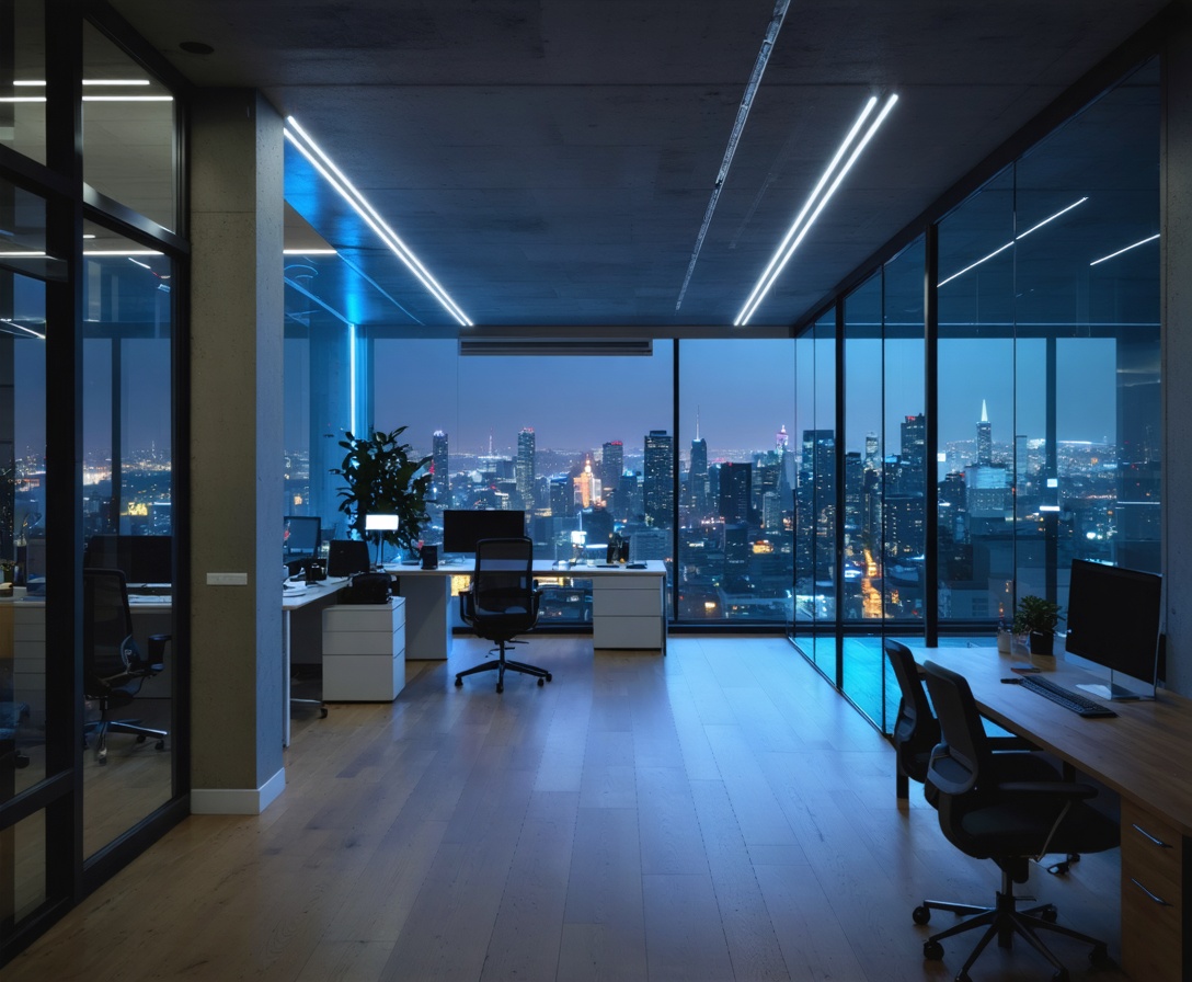 Minimalist modern open-space office in San Francisco at night with neon accents
