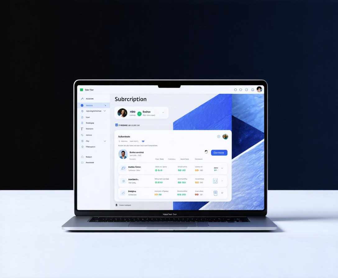 Clean studio shot of a high-end laptop showing a subscription dashboard with geometric data visualizations