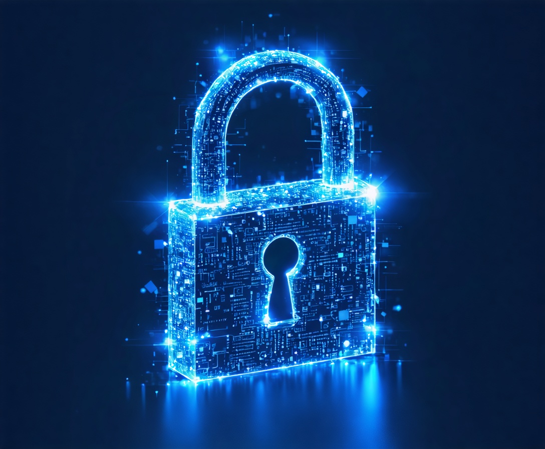 Abstract digital security padlock made of glowing data paths in a dark environment