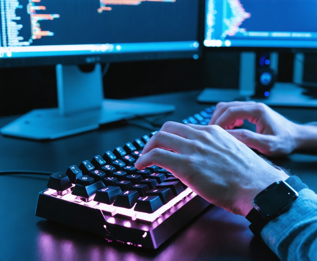 Close-up of a student typing on a backlit mechanical keyboard during an AI laboratory session