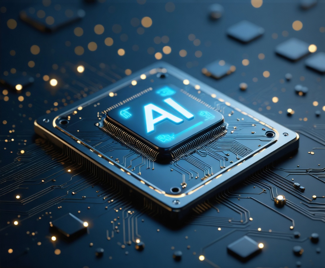 A 3D metallic digital badge with an AI chip icon, floating in a dark vacuum with light particles
